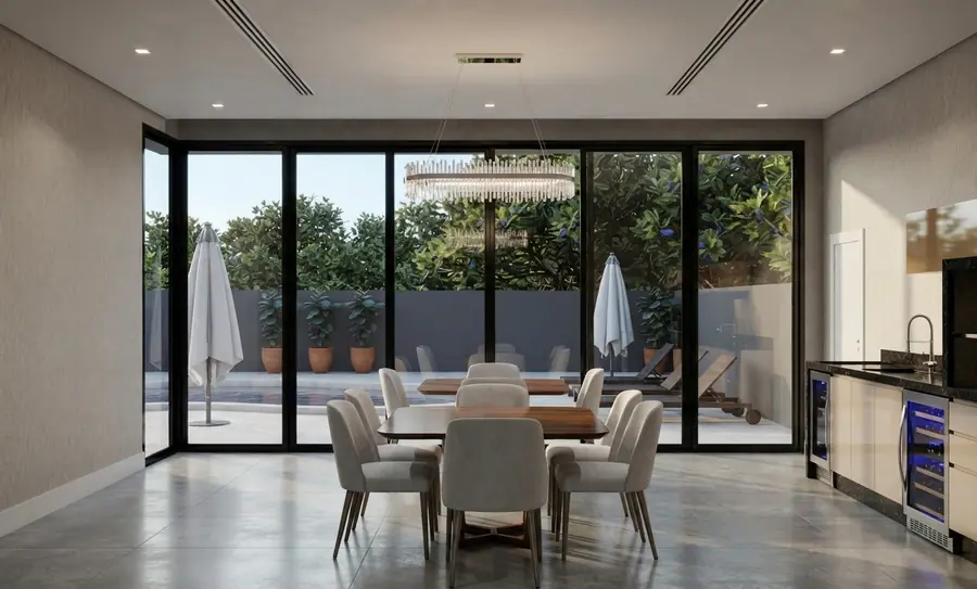 Salão de festas com vista para a piscina