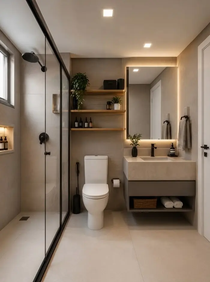 Banheiro da suíte com acabamento em porcelanato
